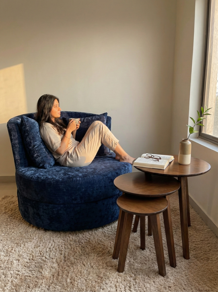 Sillón lounge azul marino – Elegance Muebles Sillón lounge azul marino con mesa lateral de madera en sala minimalista – Elegance Muebles